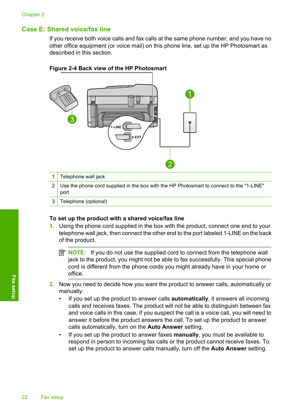 Case e: shared voice/fax line | HP C309 User Manual | Page 24 / 85