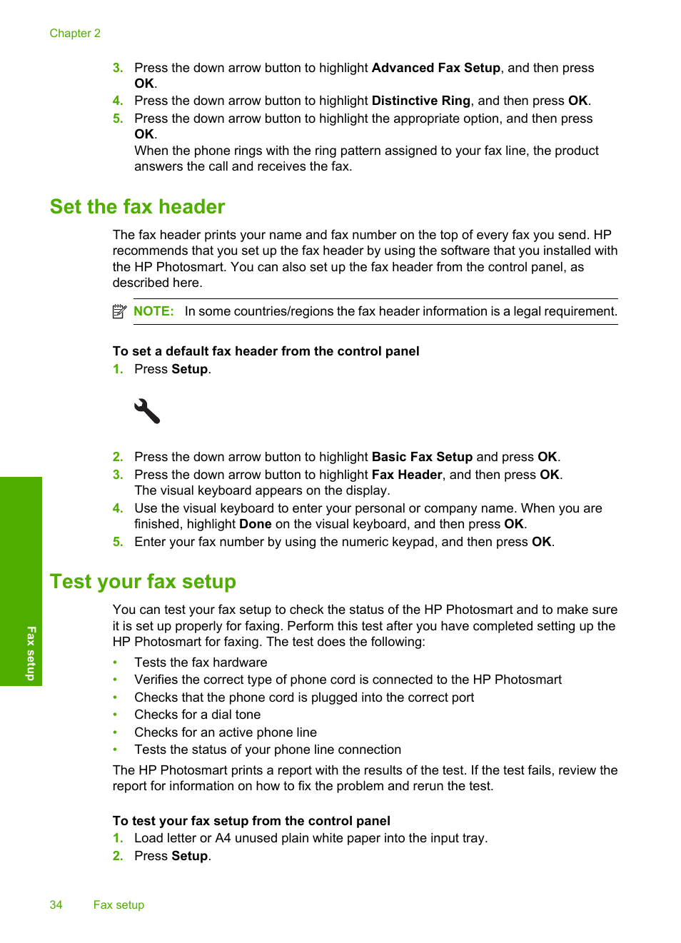 Set the fax header, Test your fax setup, Set the fax header test your fax setup | HP C309 User Manual | Page 36 / 85