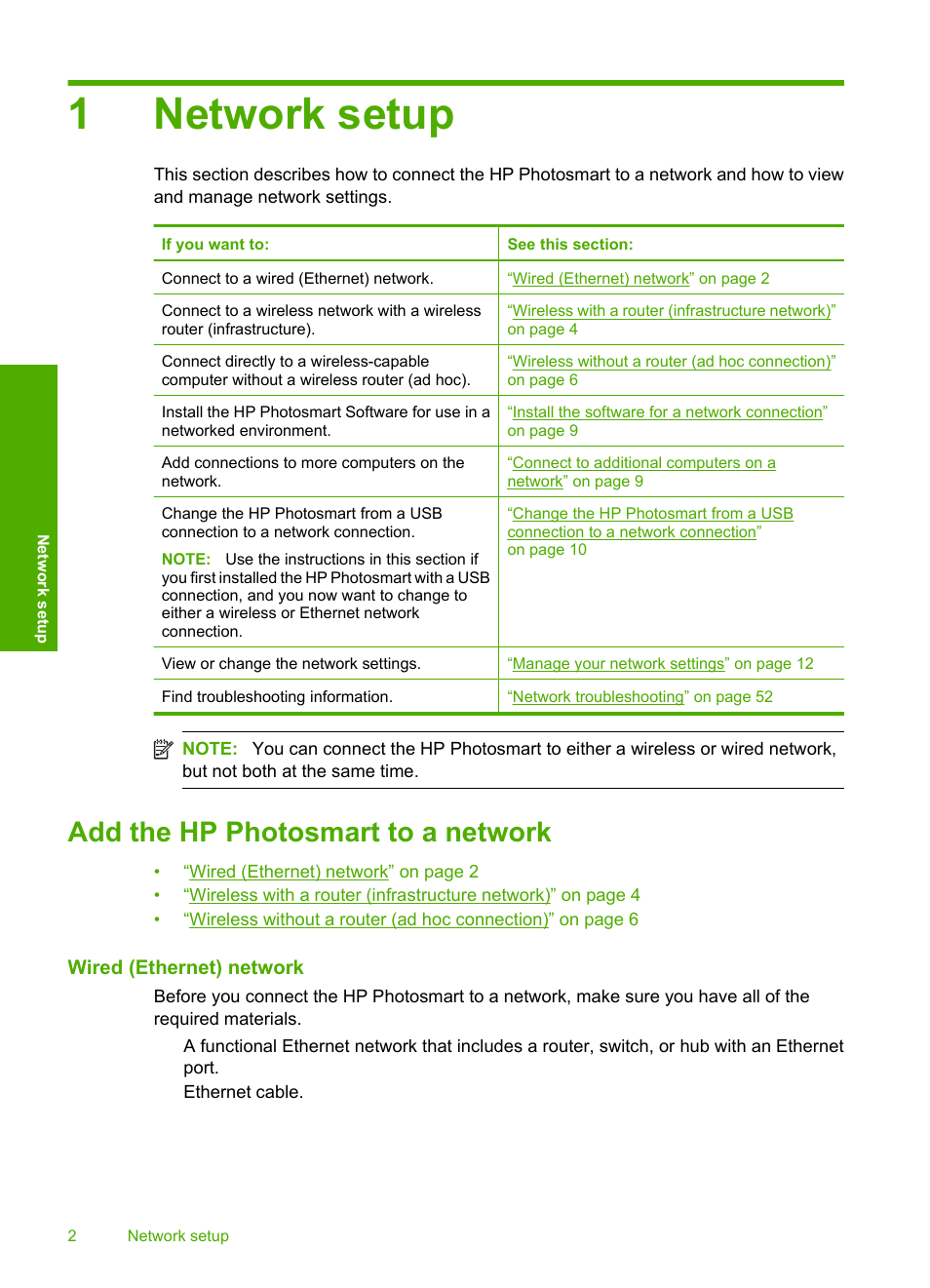 Network setup, Add the hp photosmart to a network, 1 network setup | 1network setup | HP C309 User Manual | Page 4 / 85