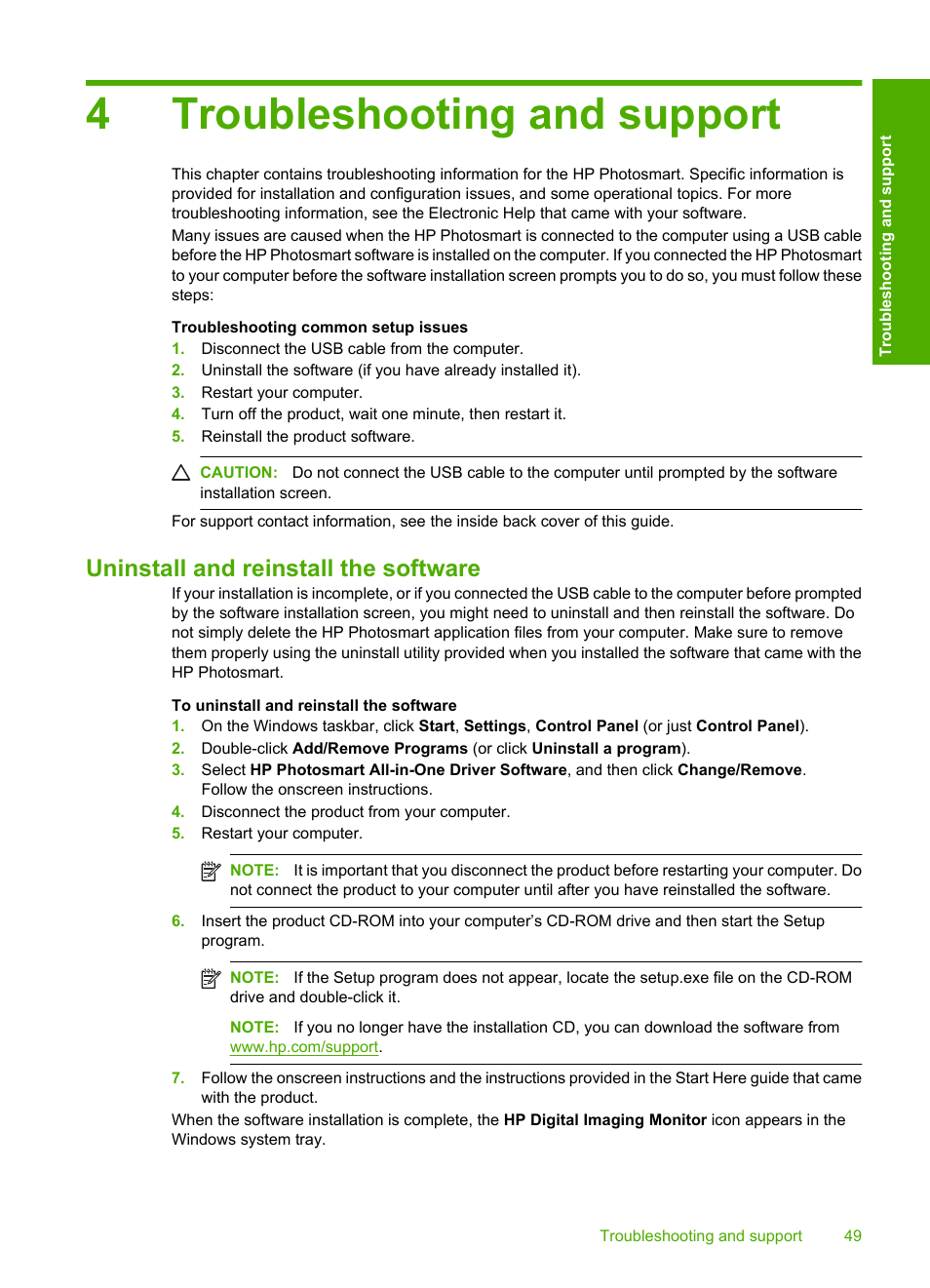 Troubleshooting and support, Uninstall and reinstall the software, 4 troubleshooting and support | 4troubleshooting and support | HP C309 User Manual | Page 51 / 85