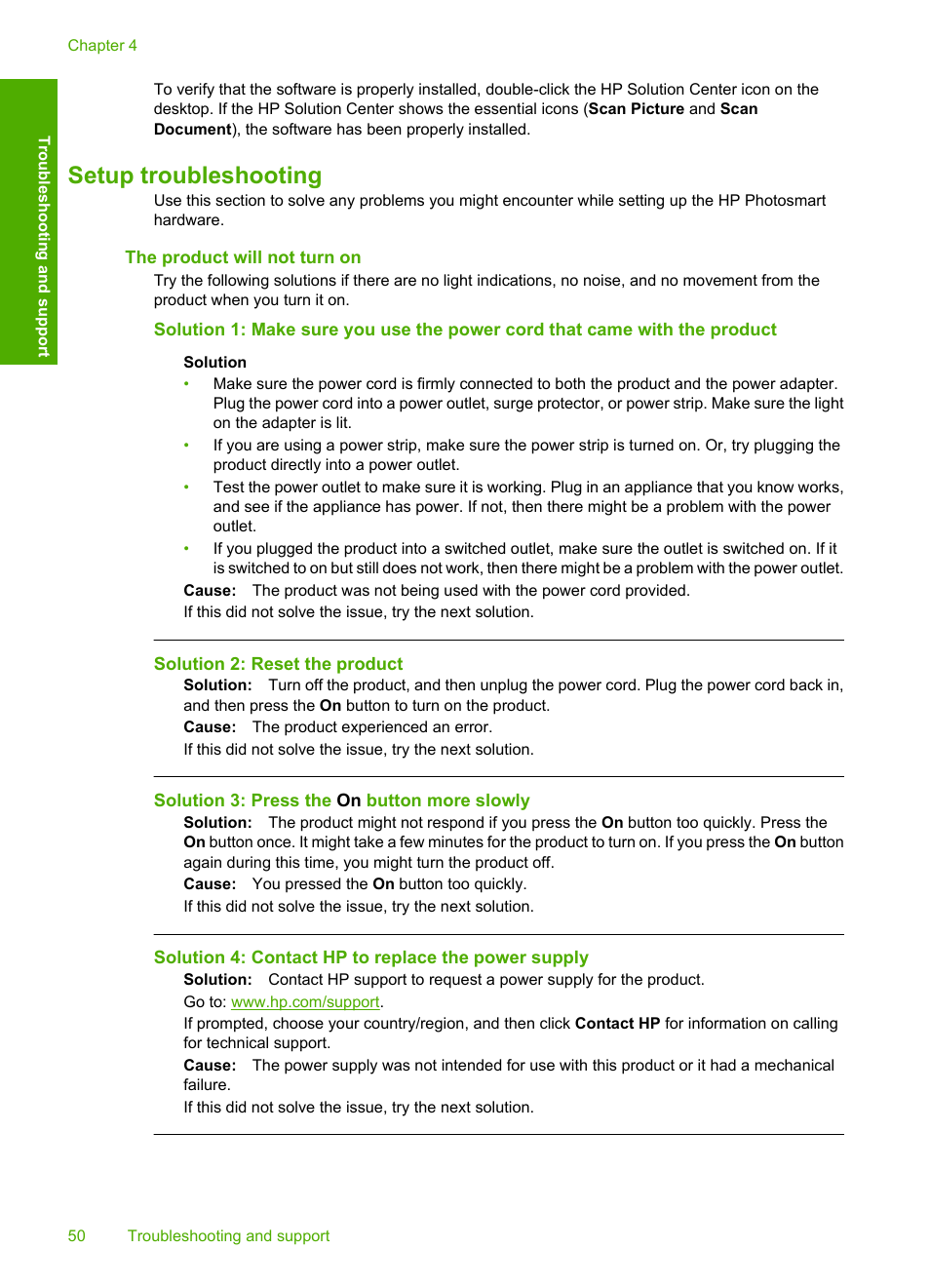 Setup troubleshooting, The product will not turn on | HP C309 User Manual | Page 52 / 85