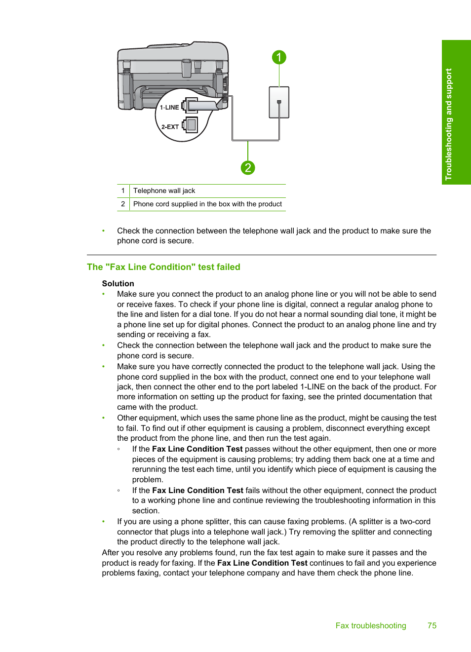 The "fax line condition" test failed | HP C309 User Manual | Page 77 / 85