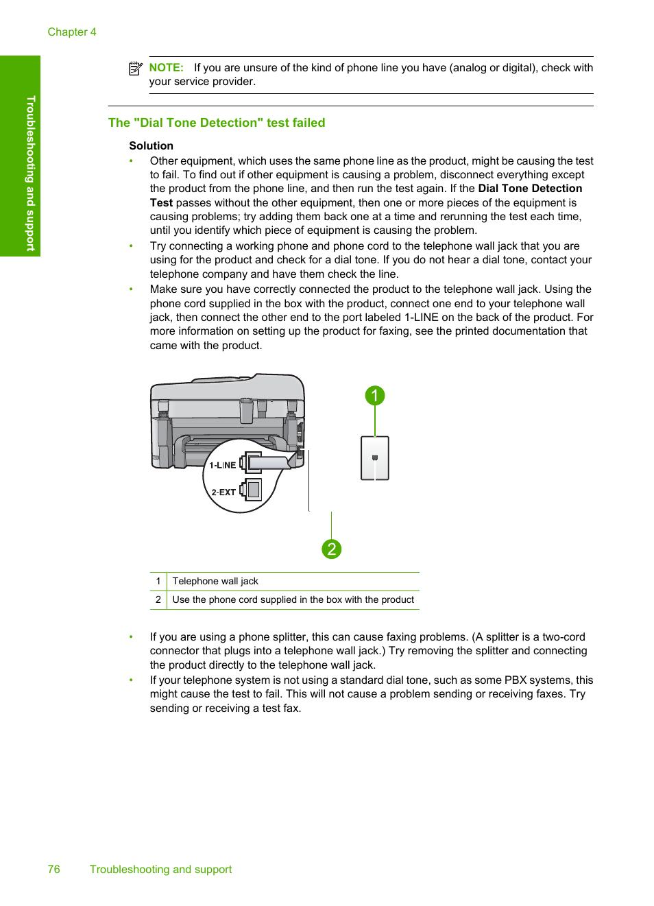 The "dial tone detection" test failed | HP C309 User Manual | Page 78 / 85