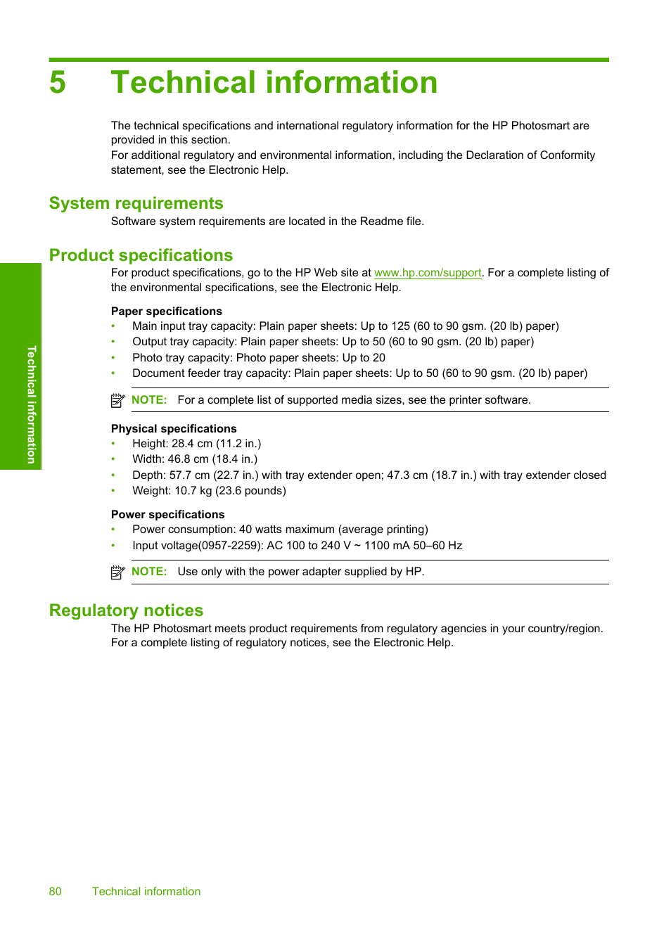 Technical information, System requirements, Product specifications | Regulatory notices, 5 technical information, 5technical information | HP C309 User Manual | Page 82 / 85