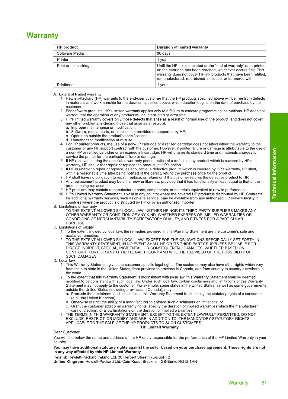 Warranty | HP C309 User Manual | Page 83 / 85