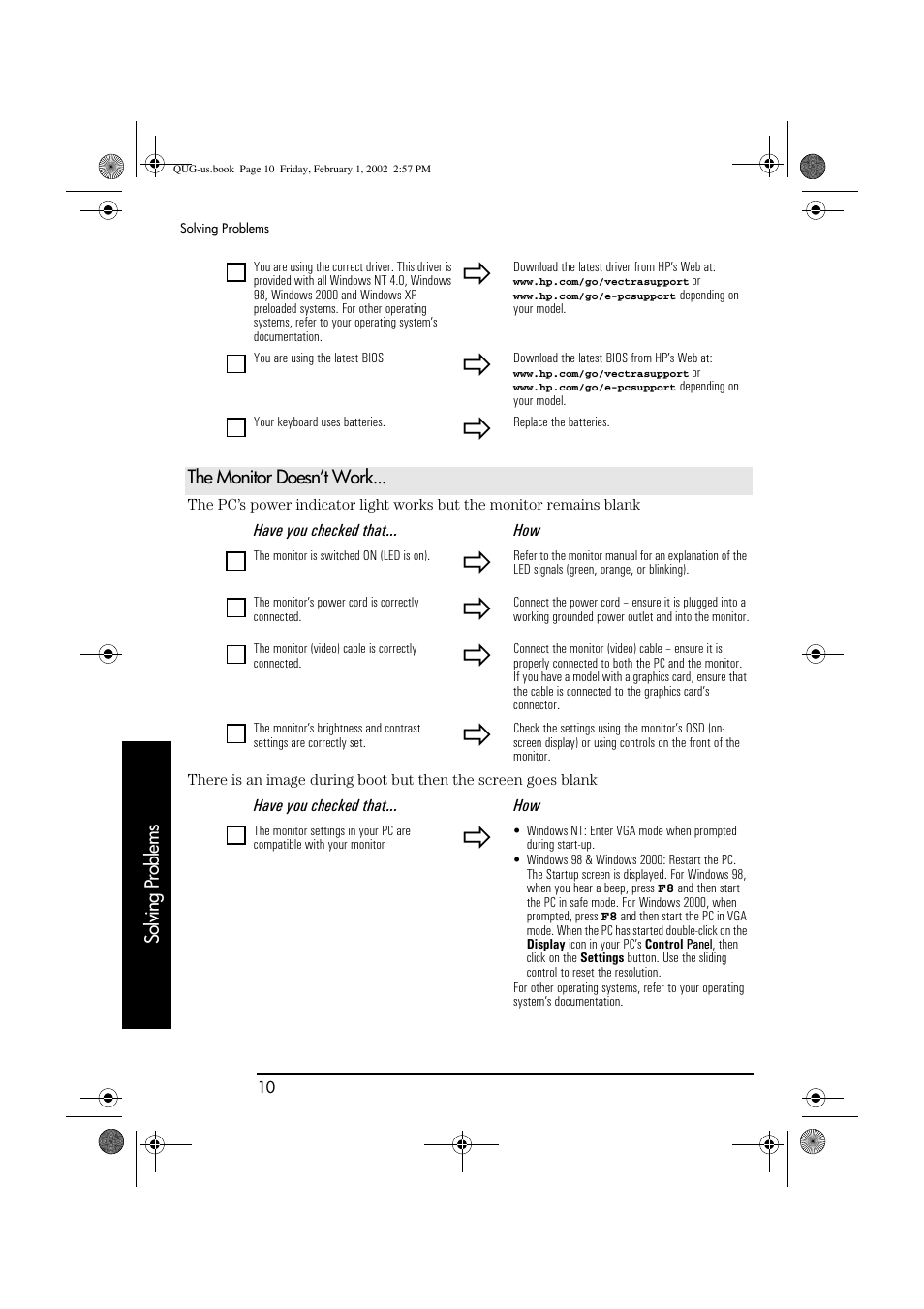 Solving problems, The monitor doesn’t work | HP vl420 User Manual | Page 10 / 32