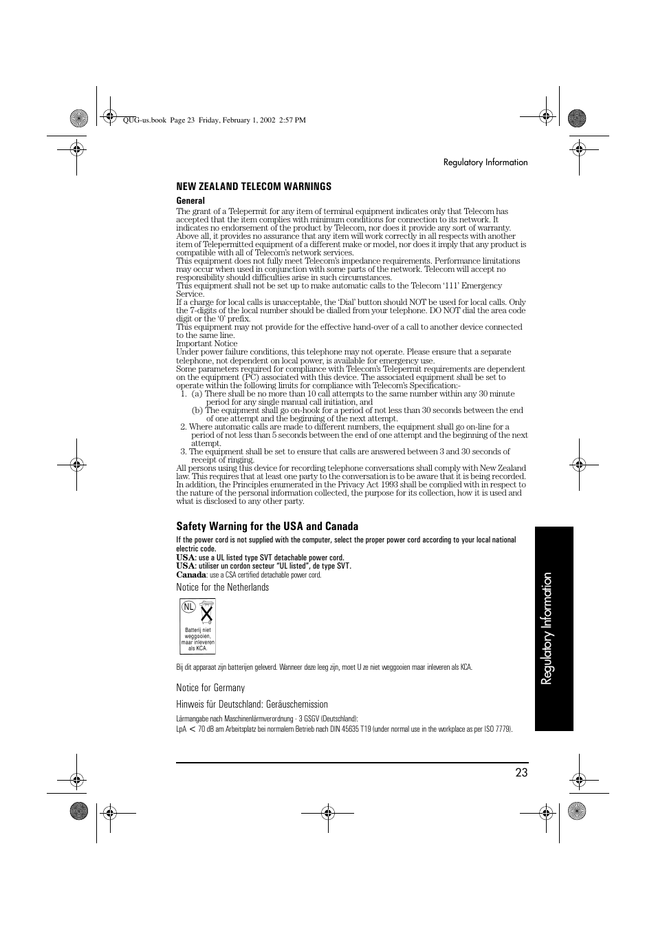 Regulatory information, Safety warning for the usa and canada | HP vl420 User Manual | Page 23 / 32