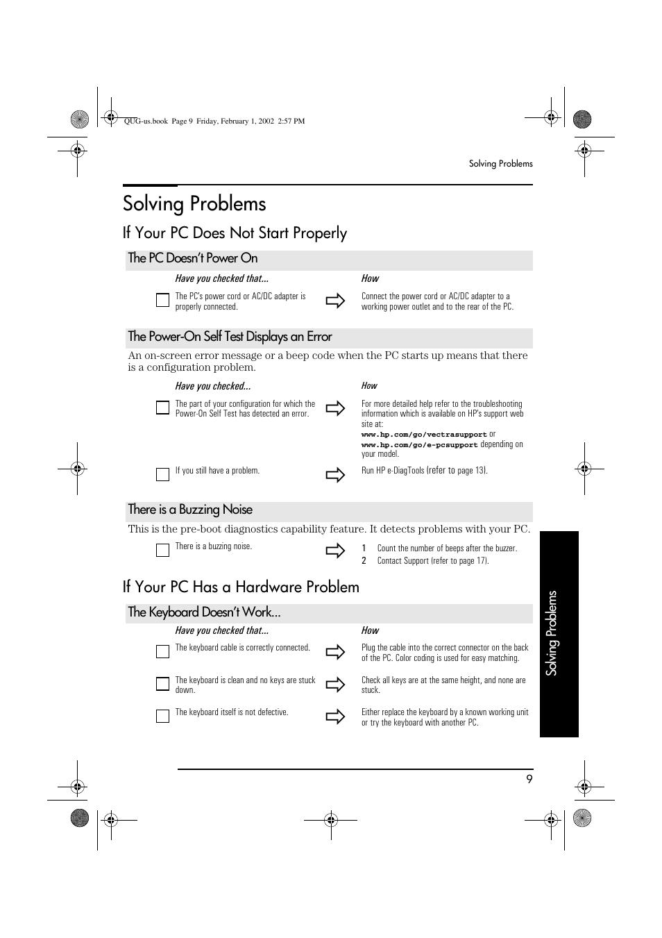 Solving problems, If your pc does not start properly, If your pc has a hardware problem | The pc doesn’t power on, The power-on self test displays an error, There is a buzzing noise, The keyboard doesn’t work | HP vl420 User Manual | Page 9 / 32