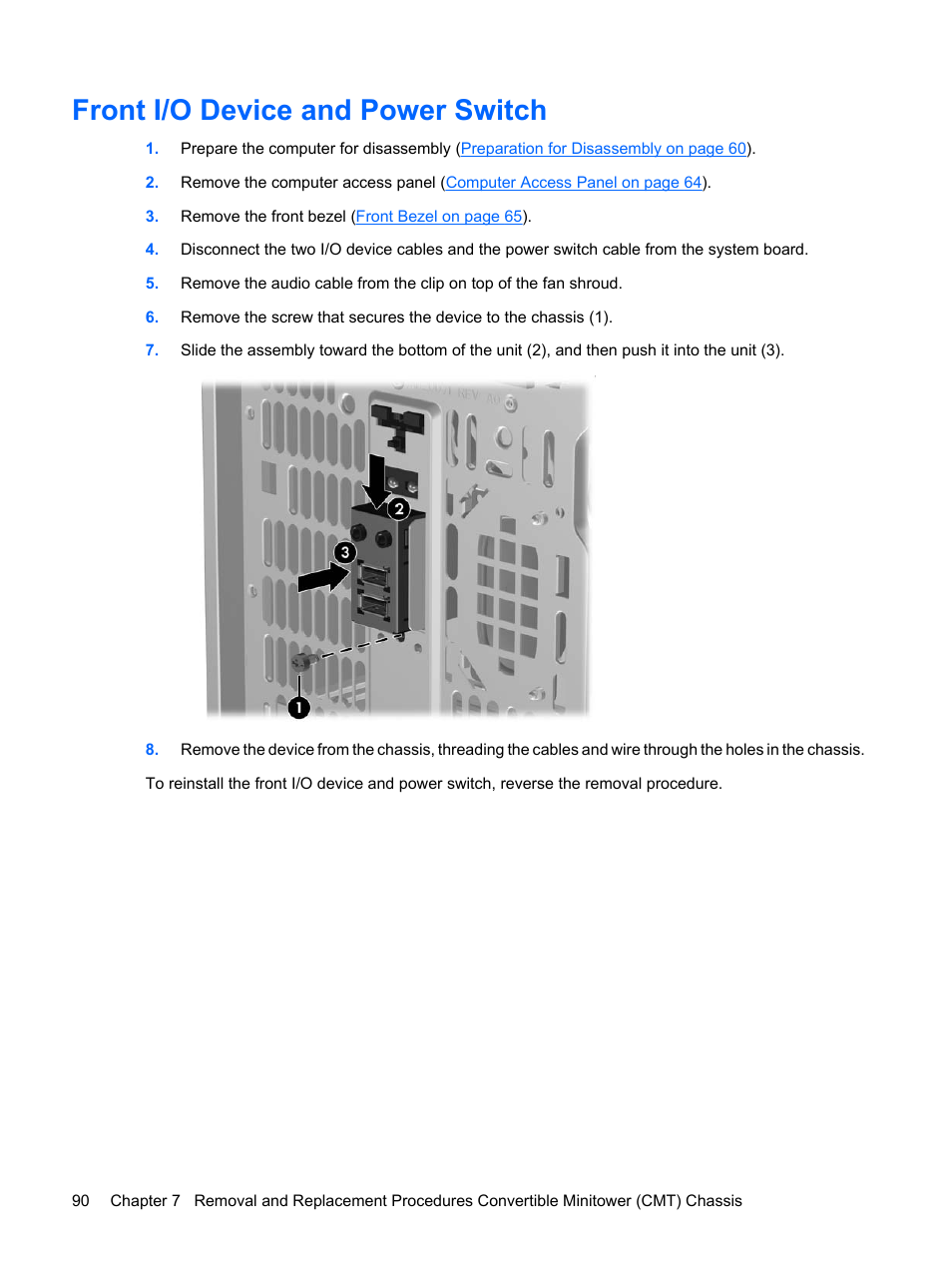 Front i/o device and power switch | HP DC7800 User Manual | Page 102 / 276