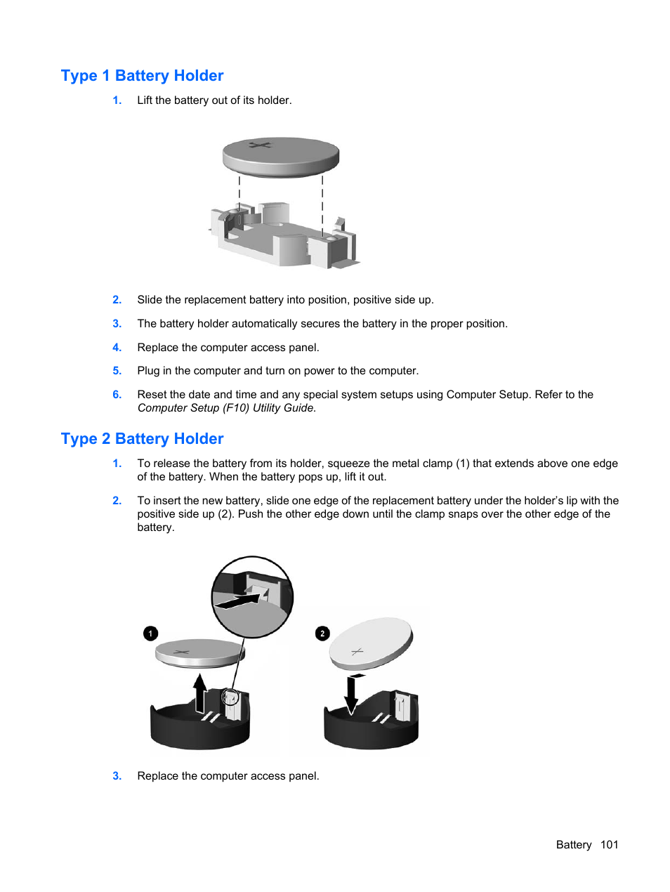 Type 1 battery holder, Type 2 battery holder, Type 1 battery holder type 2 battery holder | HP DC7800 User Manual | Page 113 / 276