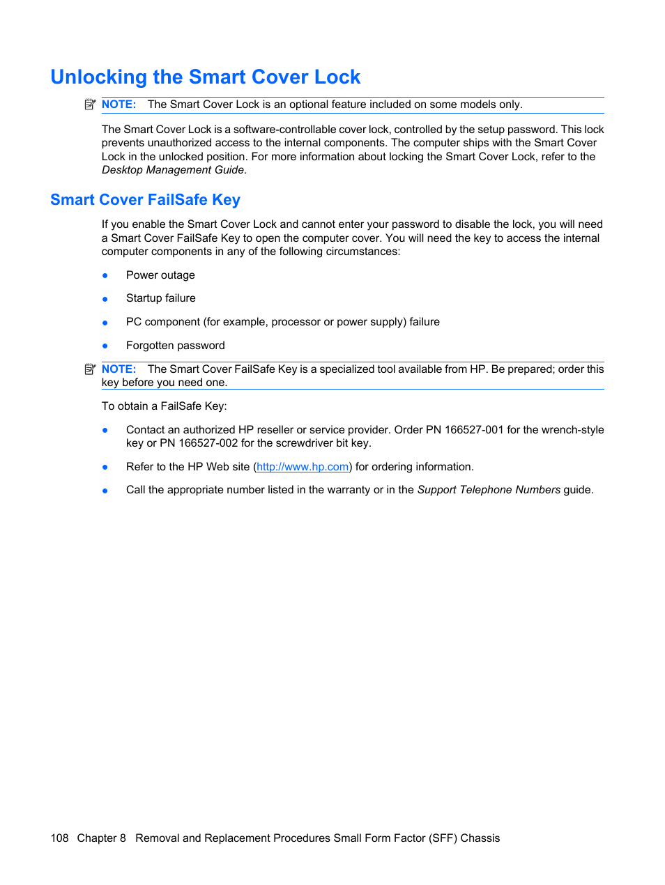 Unlocking the smart cover lock, Smart cover failsafe key, Unlocking the smart | HP DC7800 User Manual | Page 120 / 276