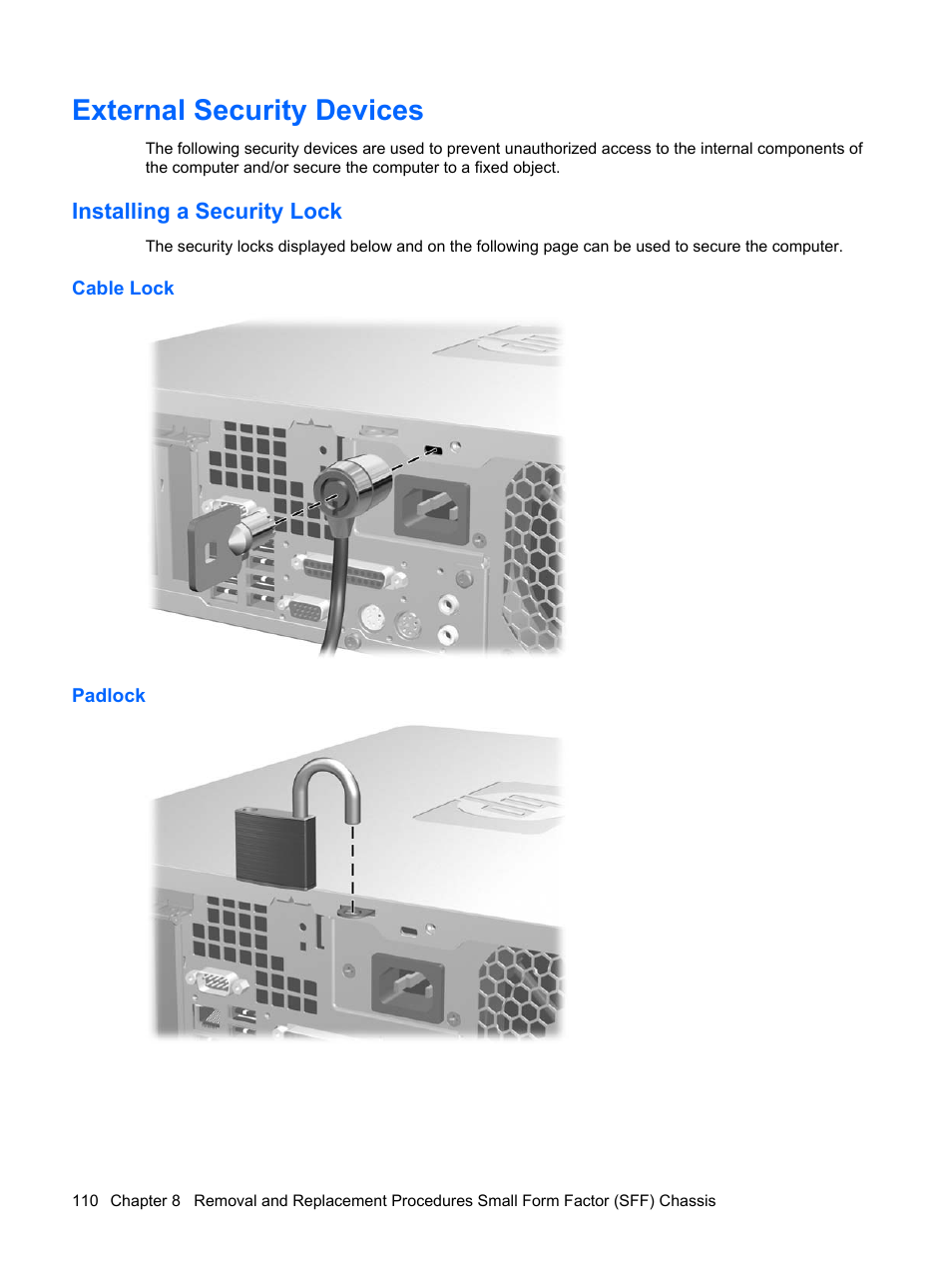 External security devices, Installing a security lock, Cable lock | Padlock, Cable lock padlock | HP DC7800 User Manual | Page 122 / 276