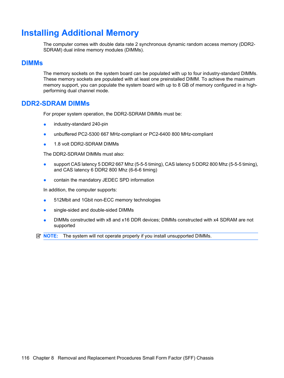 Installing additional memory, Dimms, Ddr2-sdram dimms | Dimms ddr2-sdram dimms | HP DC7800 User Manual | Page 128 / 276