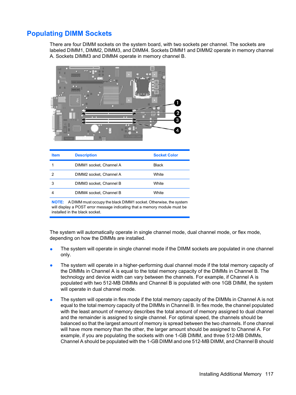 Populating dimm sockets | HP DC7800 User Manual | Page 129 / 276