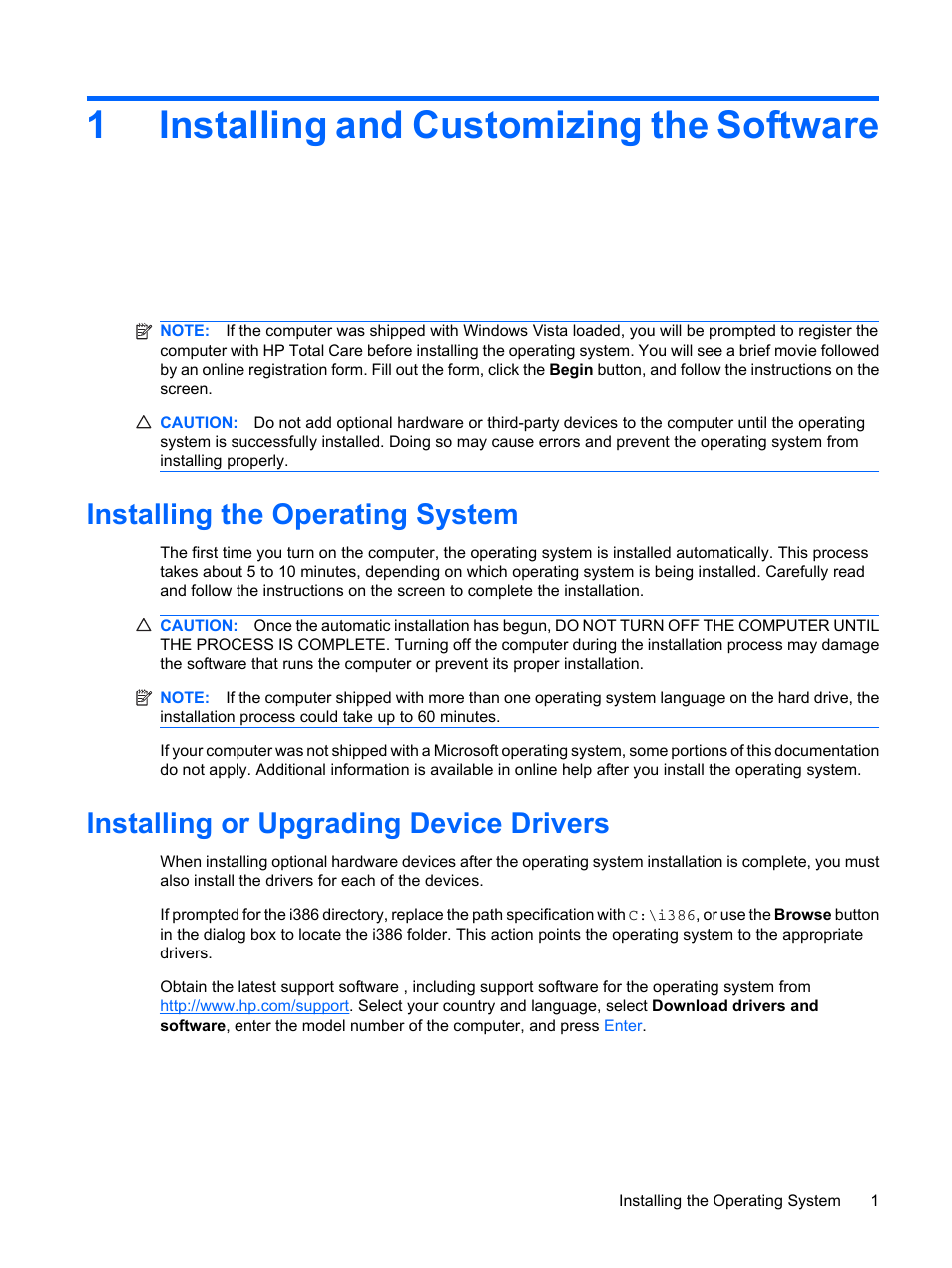 Installing and customizing the software, Installing the operating system, Installing or upgrading device drivers | 1 installing and customizing the software, 1installing and customizing the software | HP DC7800 User Manual | Page 13 / 276