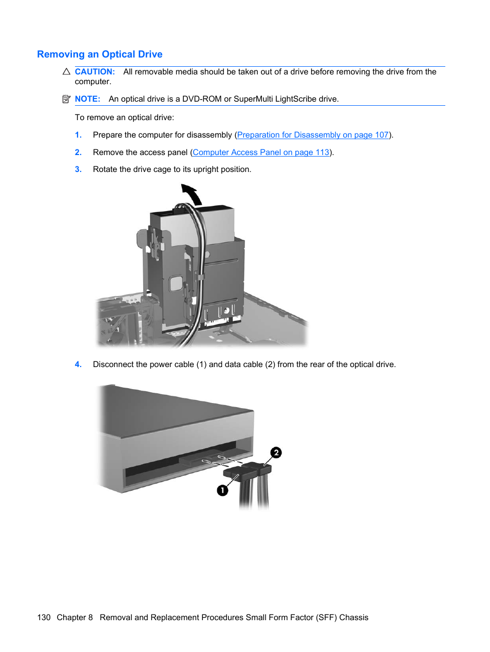 Removing an optical drive | HP DC7800 User Manual | Page 142 / 276