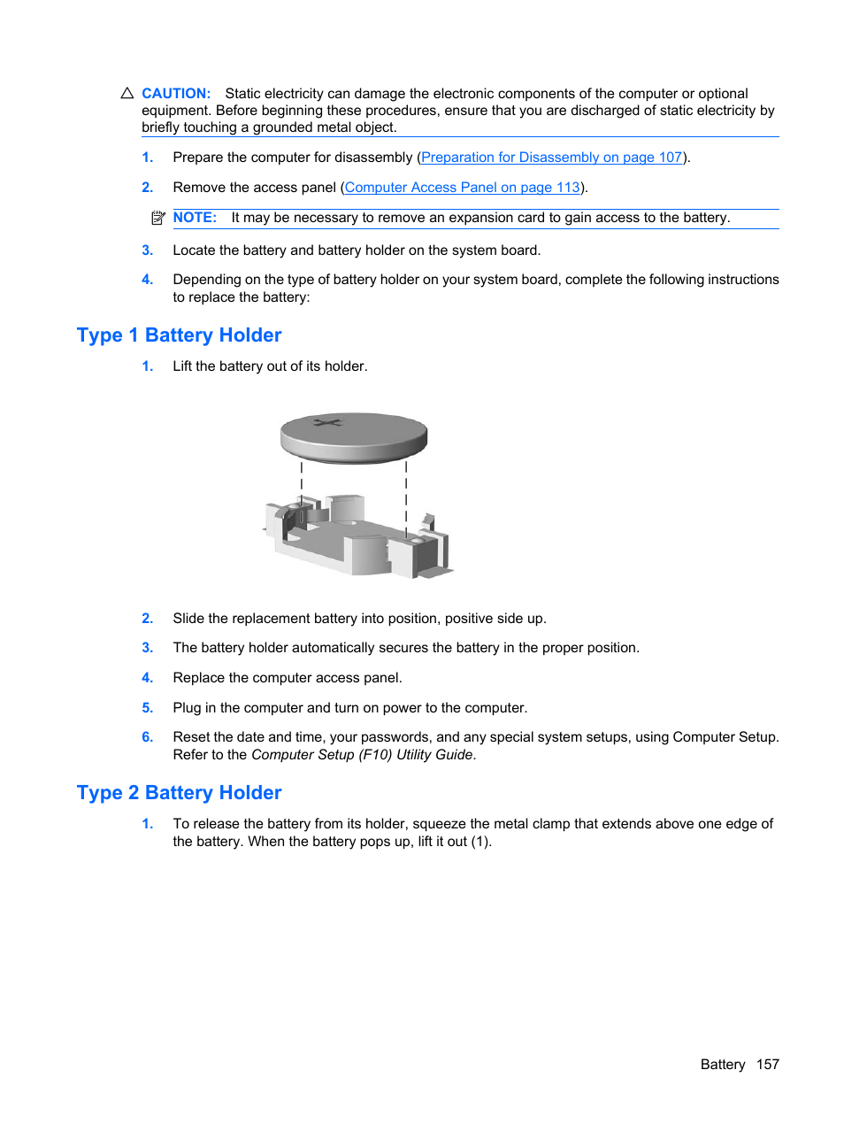 Type 1 battery holder, Type 2 battery holder, Type 1 battery holder type 2 battery holder | HP DC7800 User Manual | Page 169 / 276