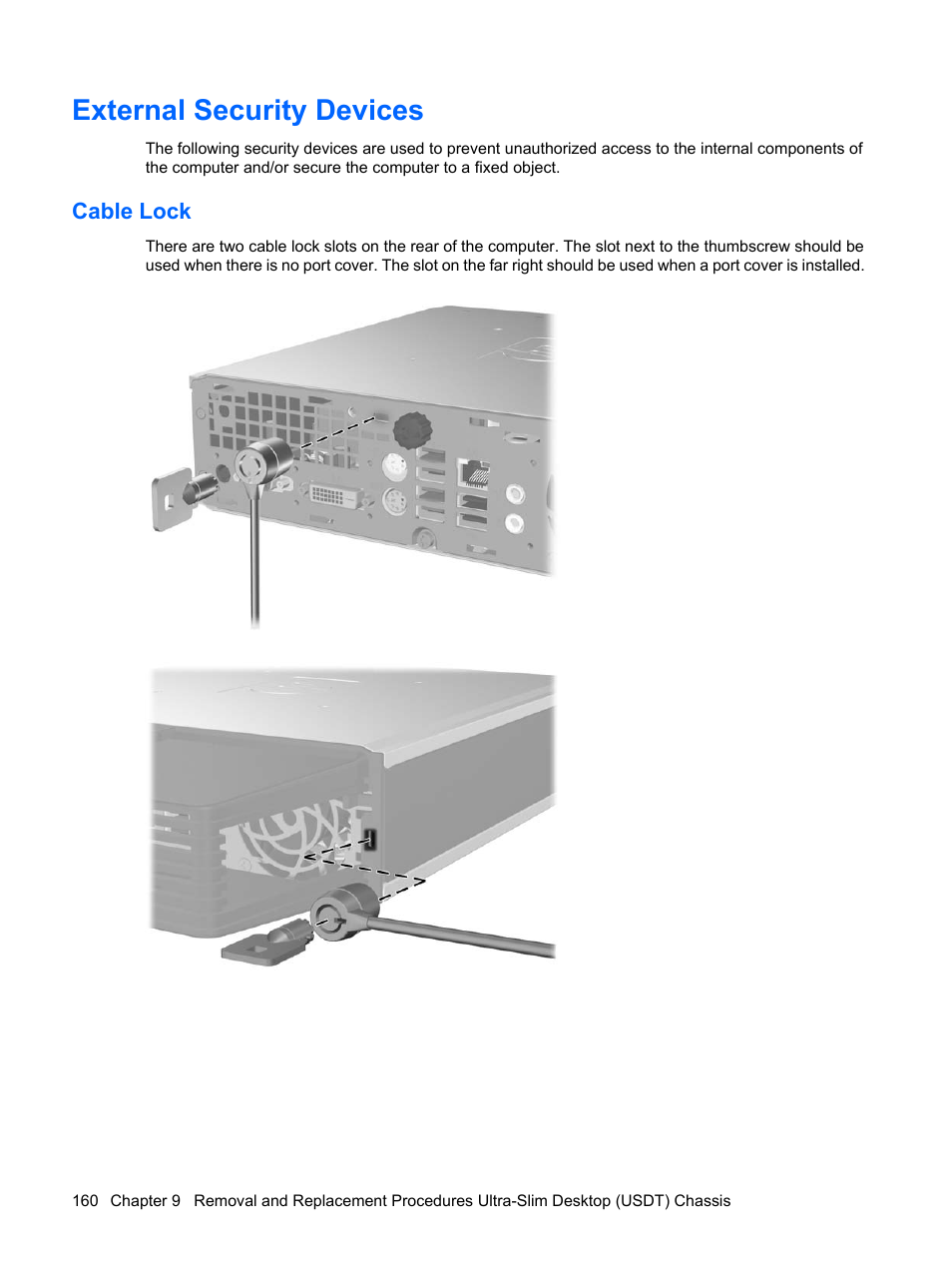 External security devices, Cable lock, External security | HP DC7800 User Manual | Page 172 / 276