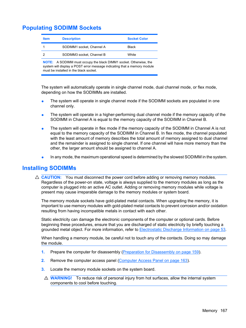 Populating sodimm sockets, Installing sodimms, Populating sodimm sockets installing sodimms | HP DC7800 User Manual | Page 179 / 276