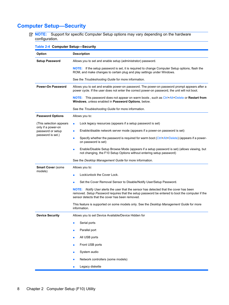 Computer setup—security, 8chapter 2 computer setup (f10) utility | HP DC7800 User Manual | Page 20 / 276