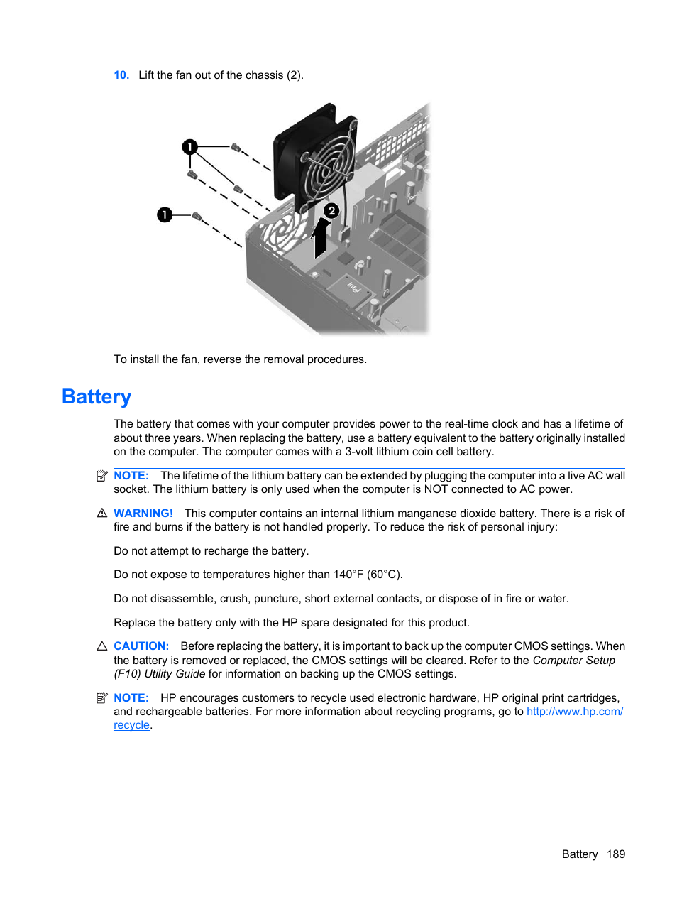 Battery | HP DC7800 User Manual | Page 201 / 276