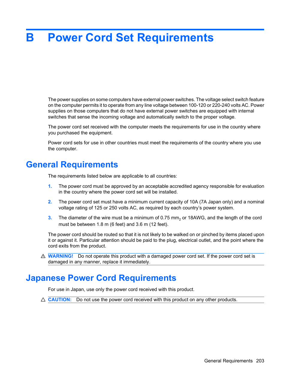 Power cord set requirements, General requirements, Japanese power cord requirements | Appendix b power cord set requirements, Bpower cord set requirements | HP DC7800 User Manual | Page 215 / 276