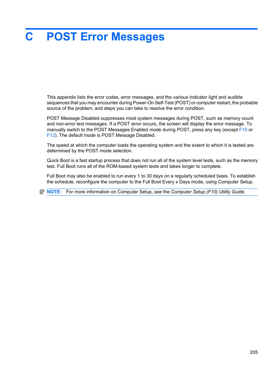 Post error messages, Appendix c post error messages, Cpost error messages | HP DC7800 User Manual | Page 217 / 276