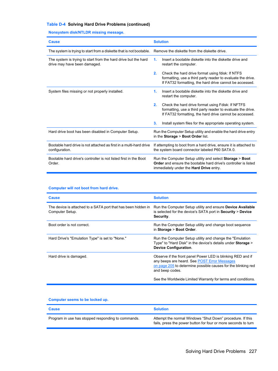 Solving hard drive problems 227 | HP DC7800 User Manual | Page 239 / 276