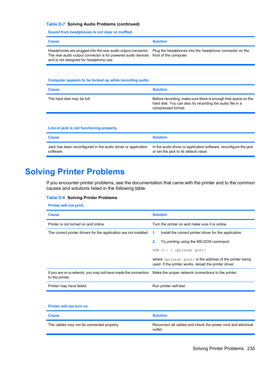 Solving printer problems | HP DC7800 User Manual | Page 247 / 276