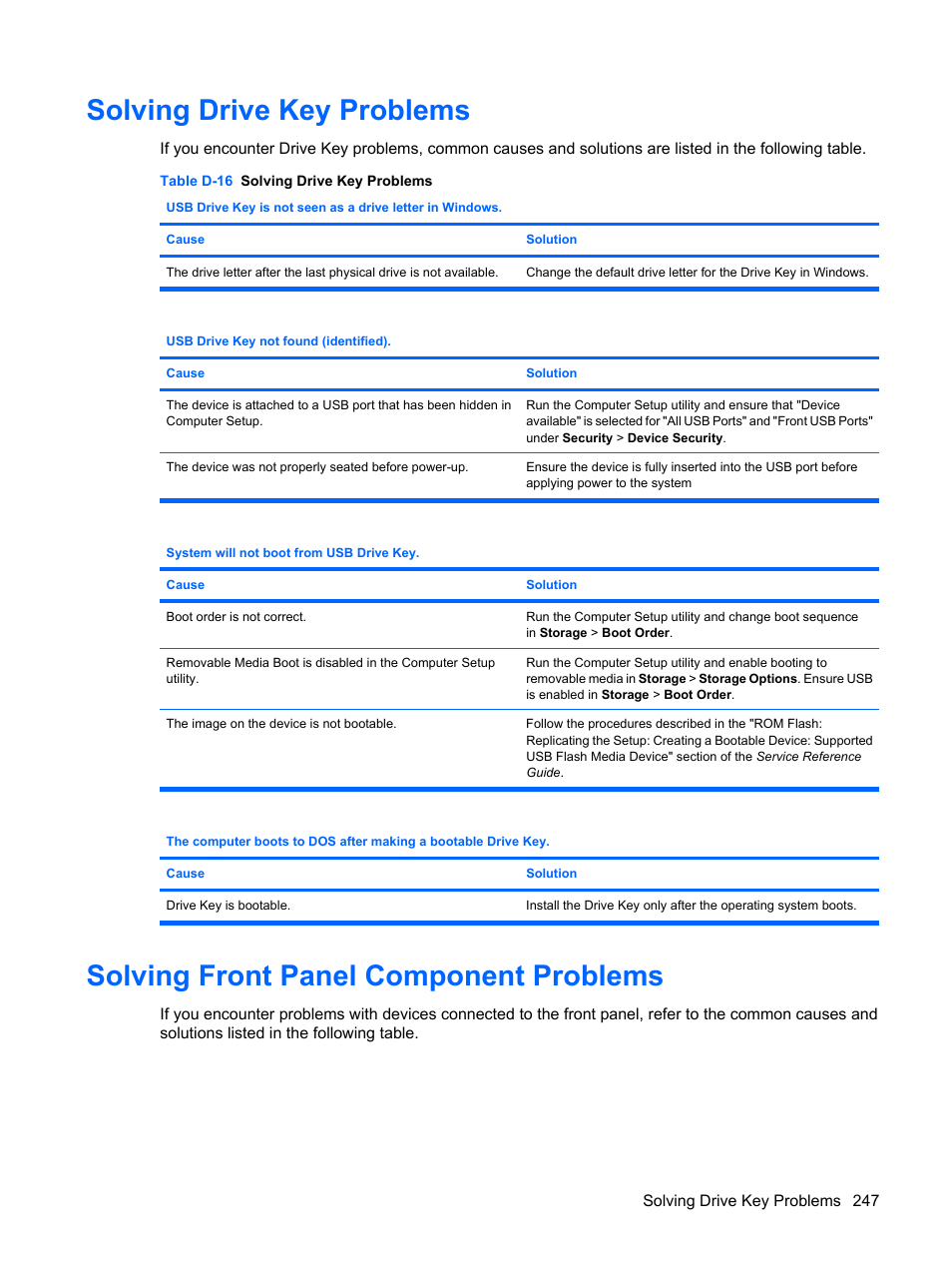 Solving drive key problems, Solving front panel component problems | HP DC7800 User Manual | Page 259 / 276
