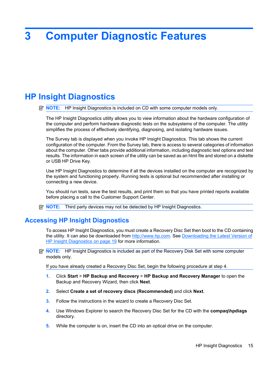 Computer diagnostic features, Hp insight diagnostics, Accessing hp insight diagnostics | 3 computer diagnostic features, 3computer diagnostic features | HP DC7800 User Manual | Page 27 / 276