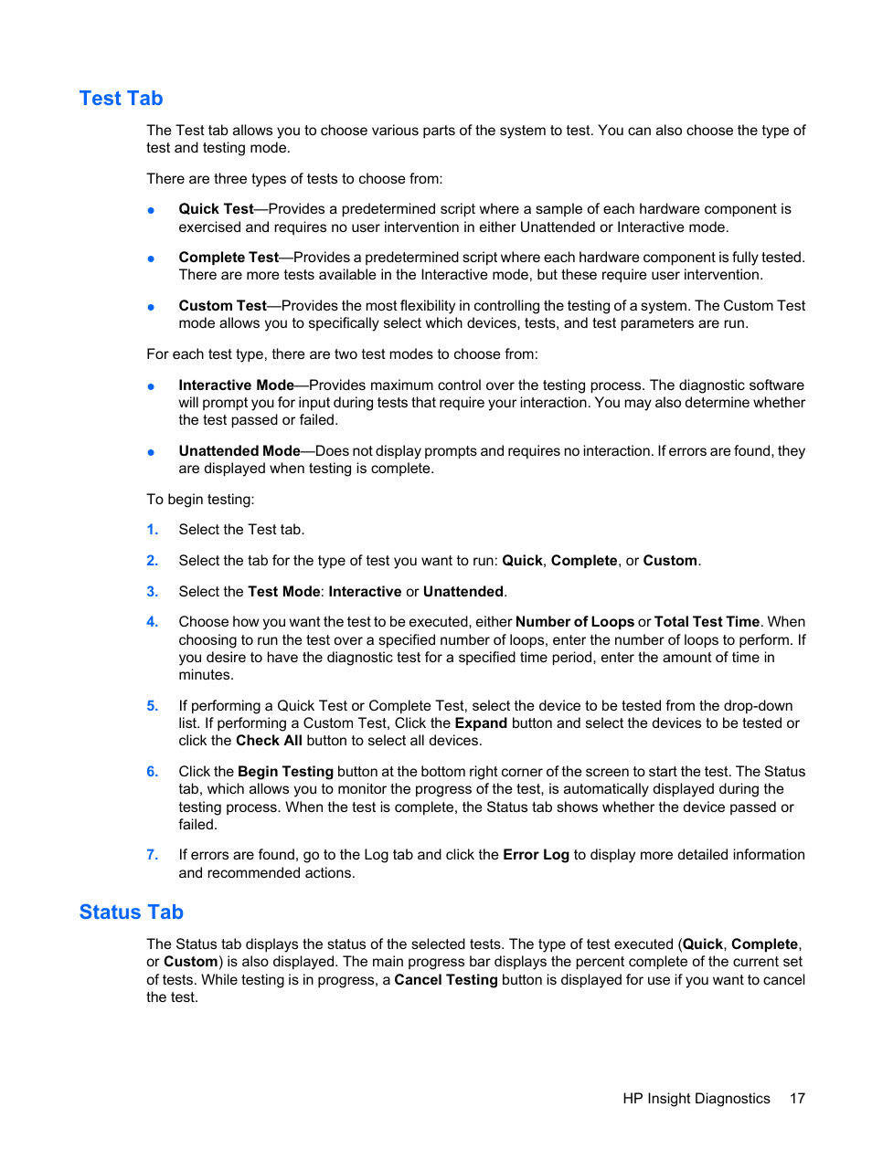 Test tab, Status tab, Test tab status tab | HP DC7800 User Manual | Page 29 / 276