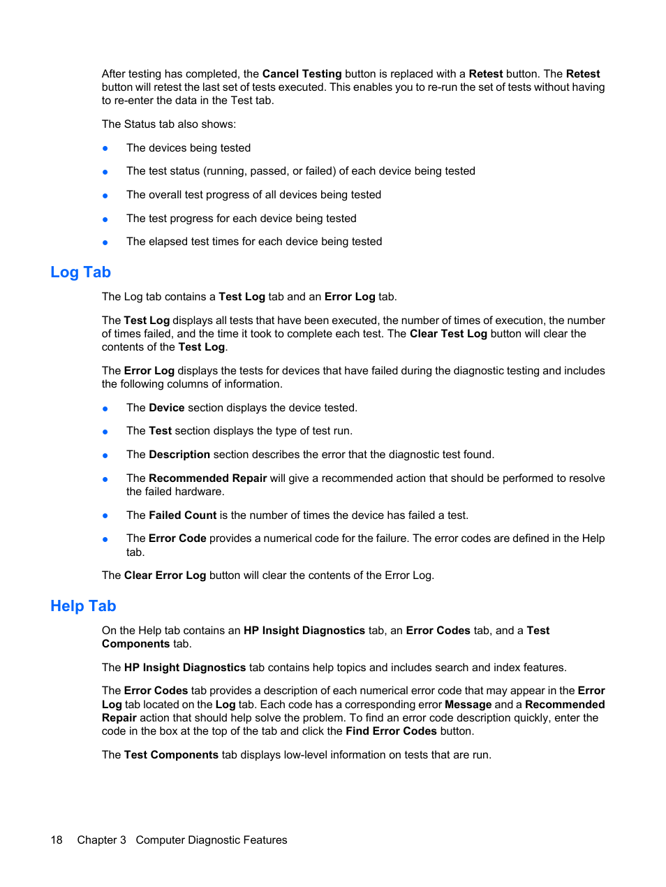 Log tab, Help tab, Log tab help tab | HP DC7800 User Manual | Page 30 / 276