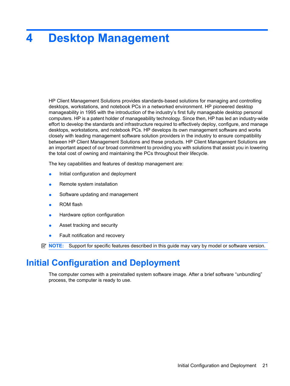 Desktop management, Initial configuration and deployment, 4 desktop management | 4desktop management | HP DC7800 User Manual | Page 33 / 276