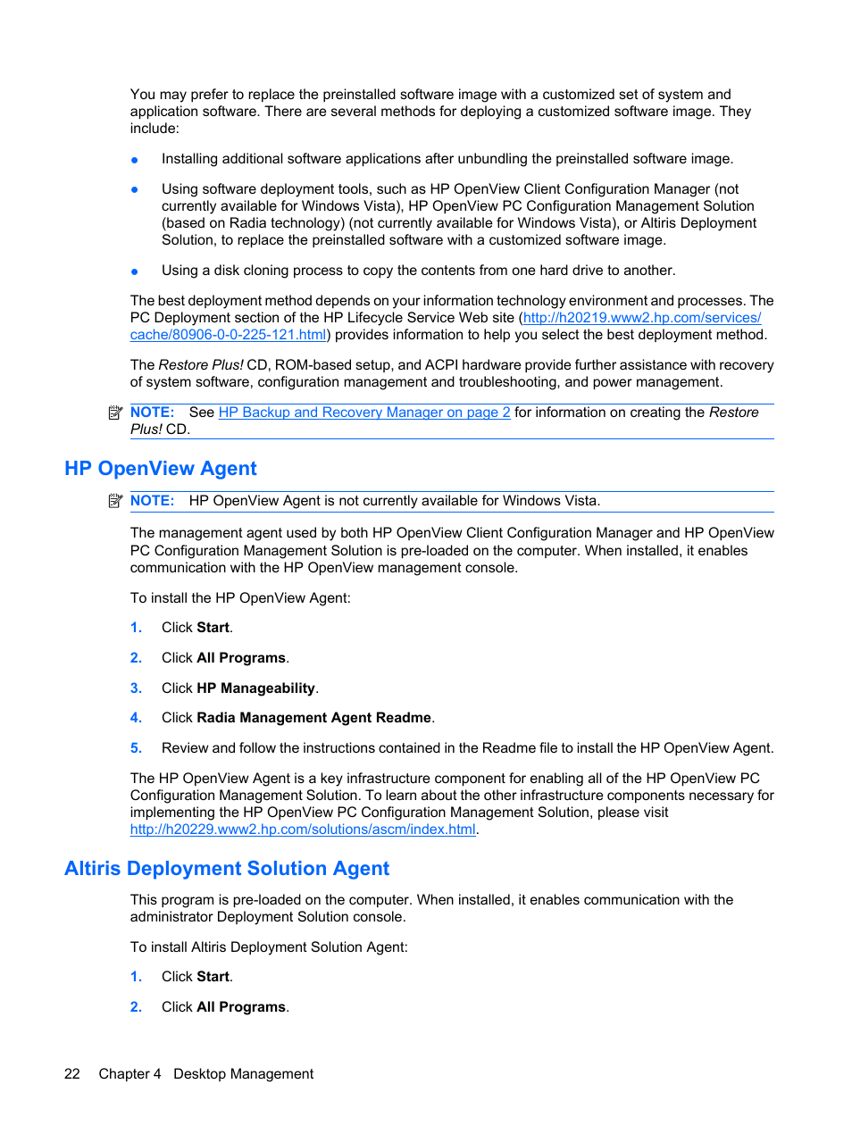 Hp openview agent, Altiris deployment solution agent | HP DC7800 User Manual | Page 34 / 276