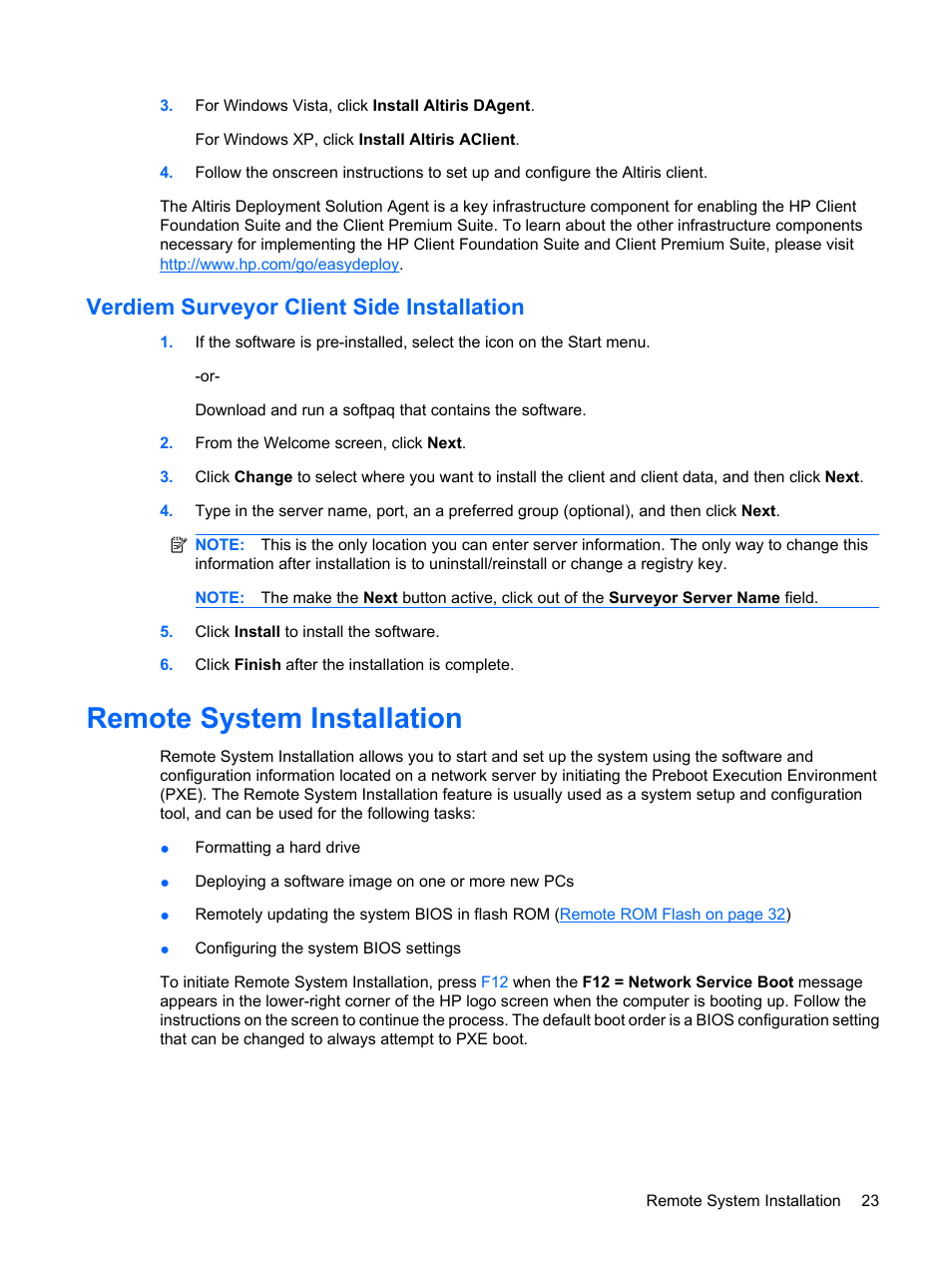 Verdiem surveyor client side installation, Remote system installation | HP DC7800 User Manual | Page 35 / 276