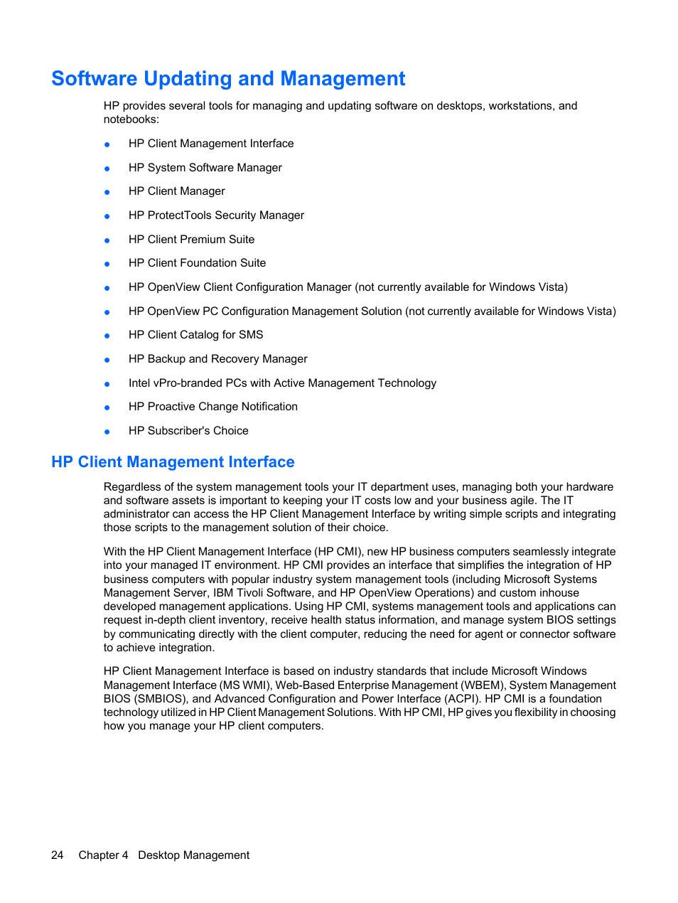 Software updating and management, Hp client management interface | HP DC7800 User Manual | Page 36 / 276
