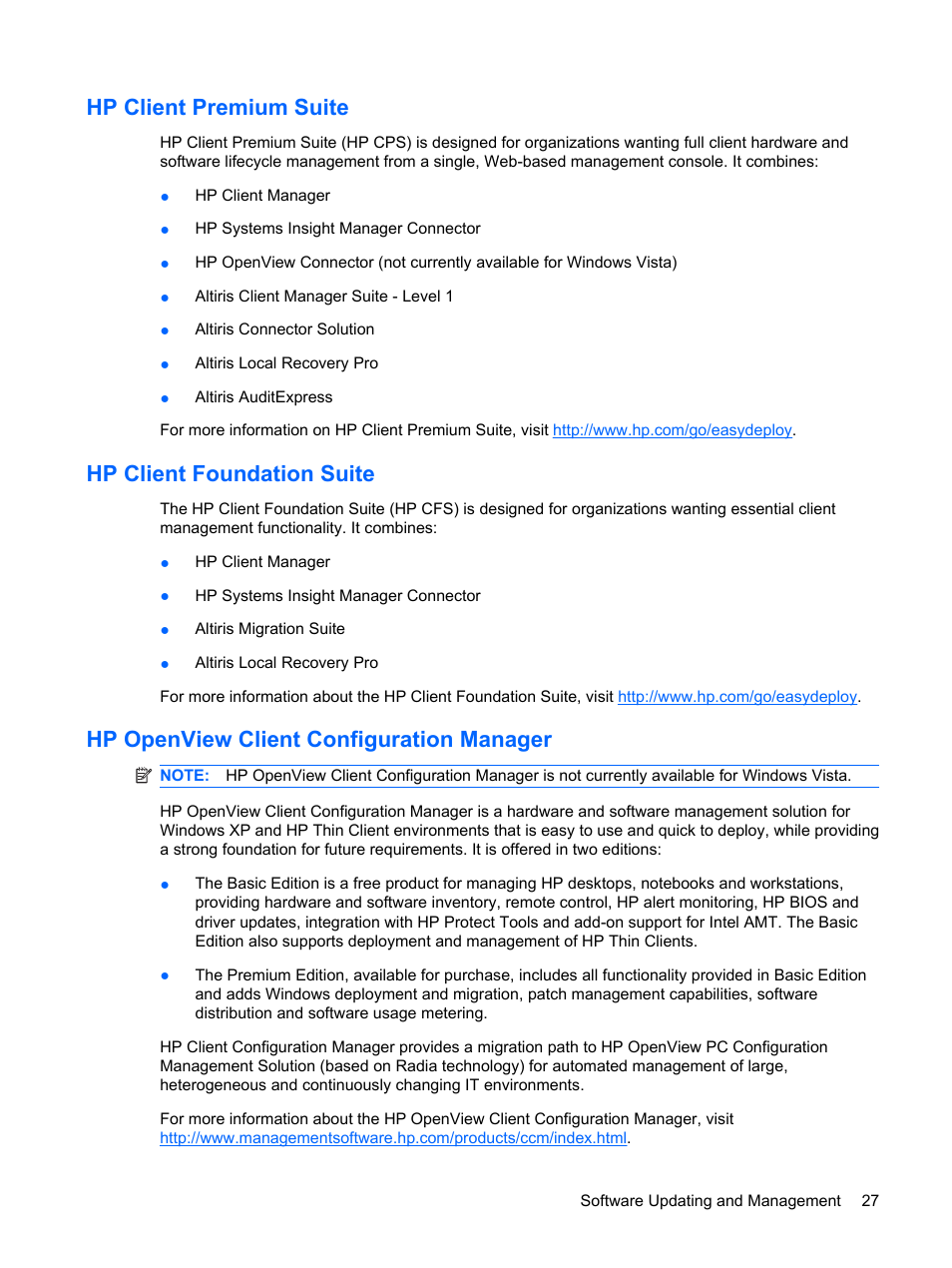 Hp client premium suite, Hp client foundation suite, Hp openview client configuration manager | HP DC7800 User Manual | Page 39 / 276