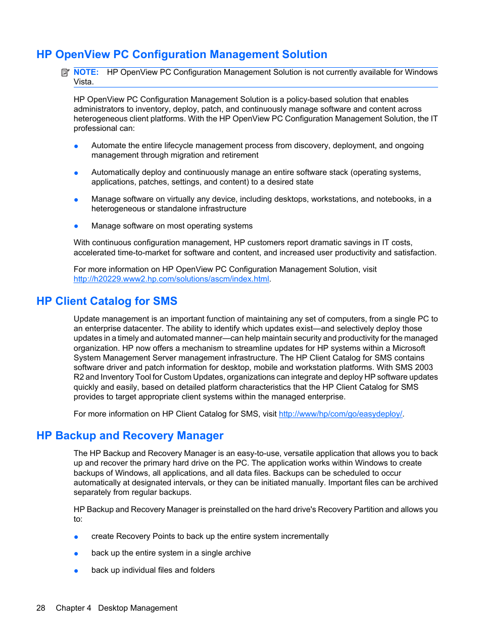 Hp openview pc configuration management solution, Hp client catalog for sms, Hp backup and recovery manager | HP DC7800 User Manual | Page 40 / 276