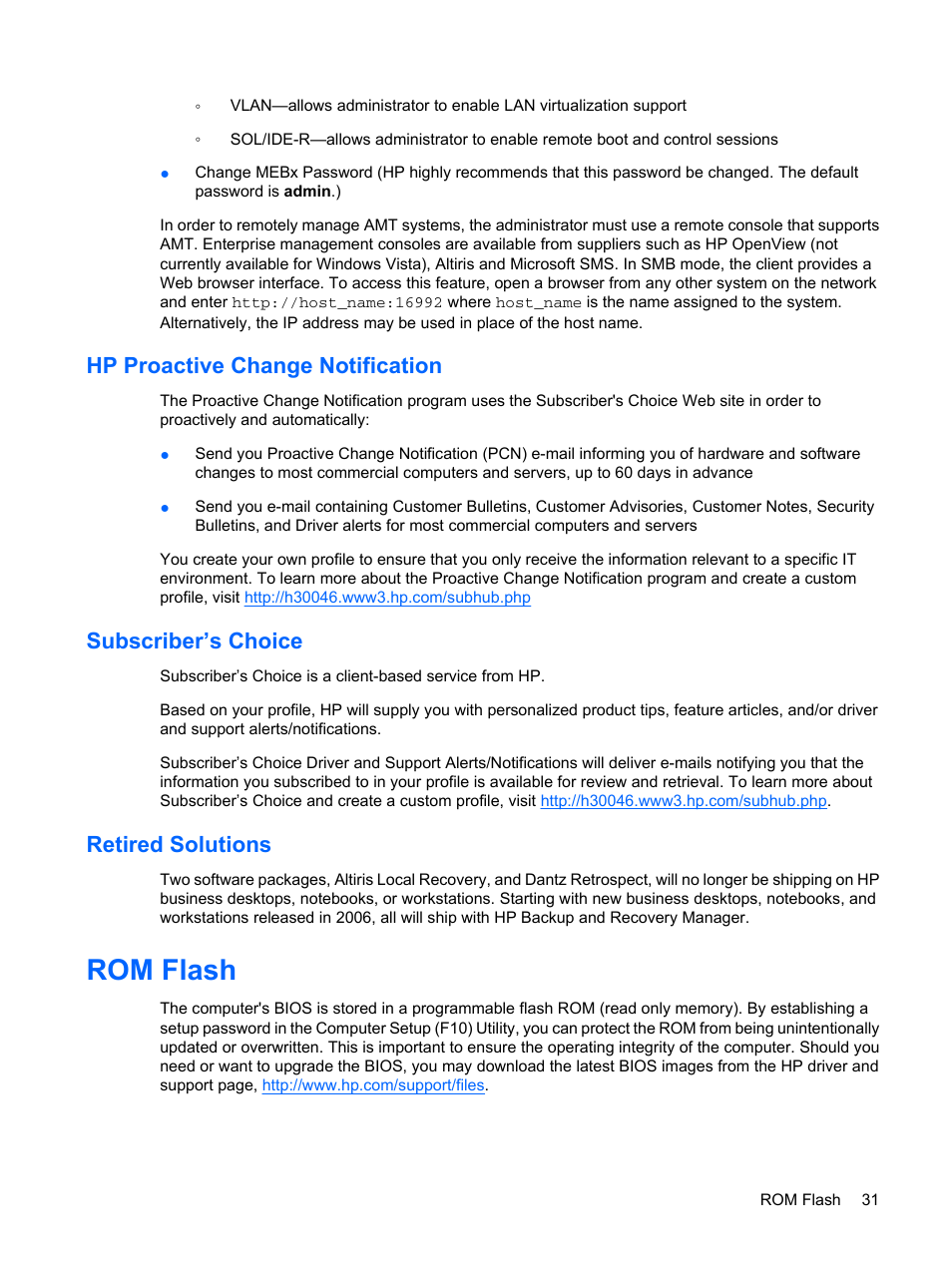 Hp proactive change notification, Subscriber’s choice, Retired solutions | Rom flash | HP DC7800 User Manual | Page 43 / 276