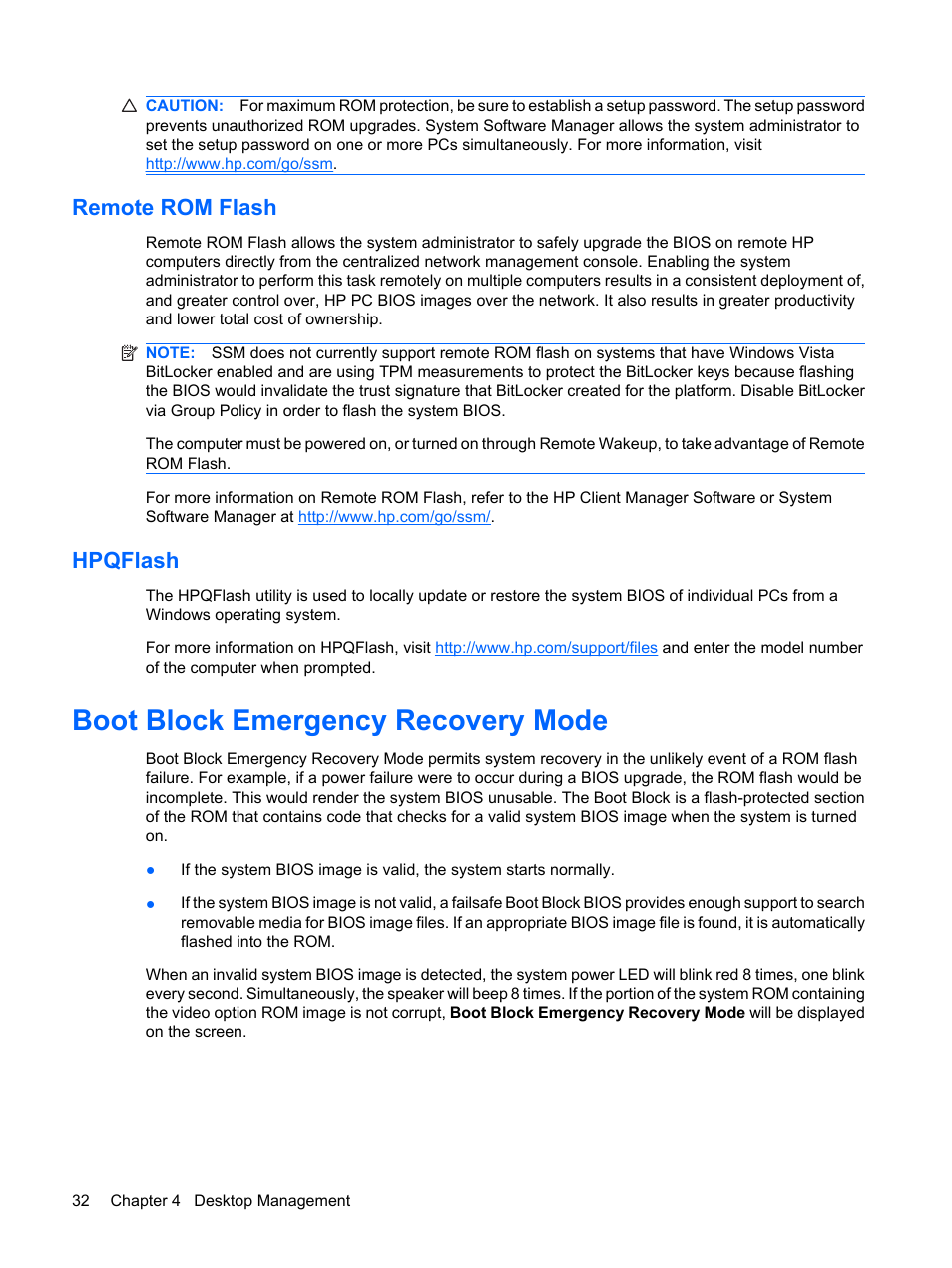 Remote rom flash, Hpqflash, Boot block emergency recovery mode | Remote rom flash hpqflash | HP DC7800 User Manual | Page 44 / 276