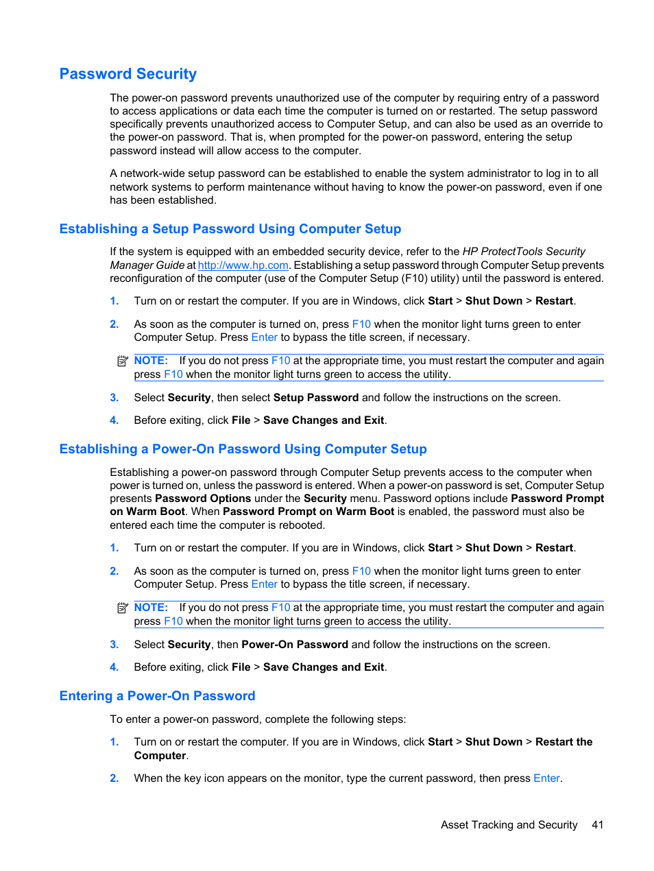 Password security, Establishing a setup password using computer setup, Entering a power-on password | HP DC7800 User Manual | Page 53 / 276