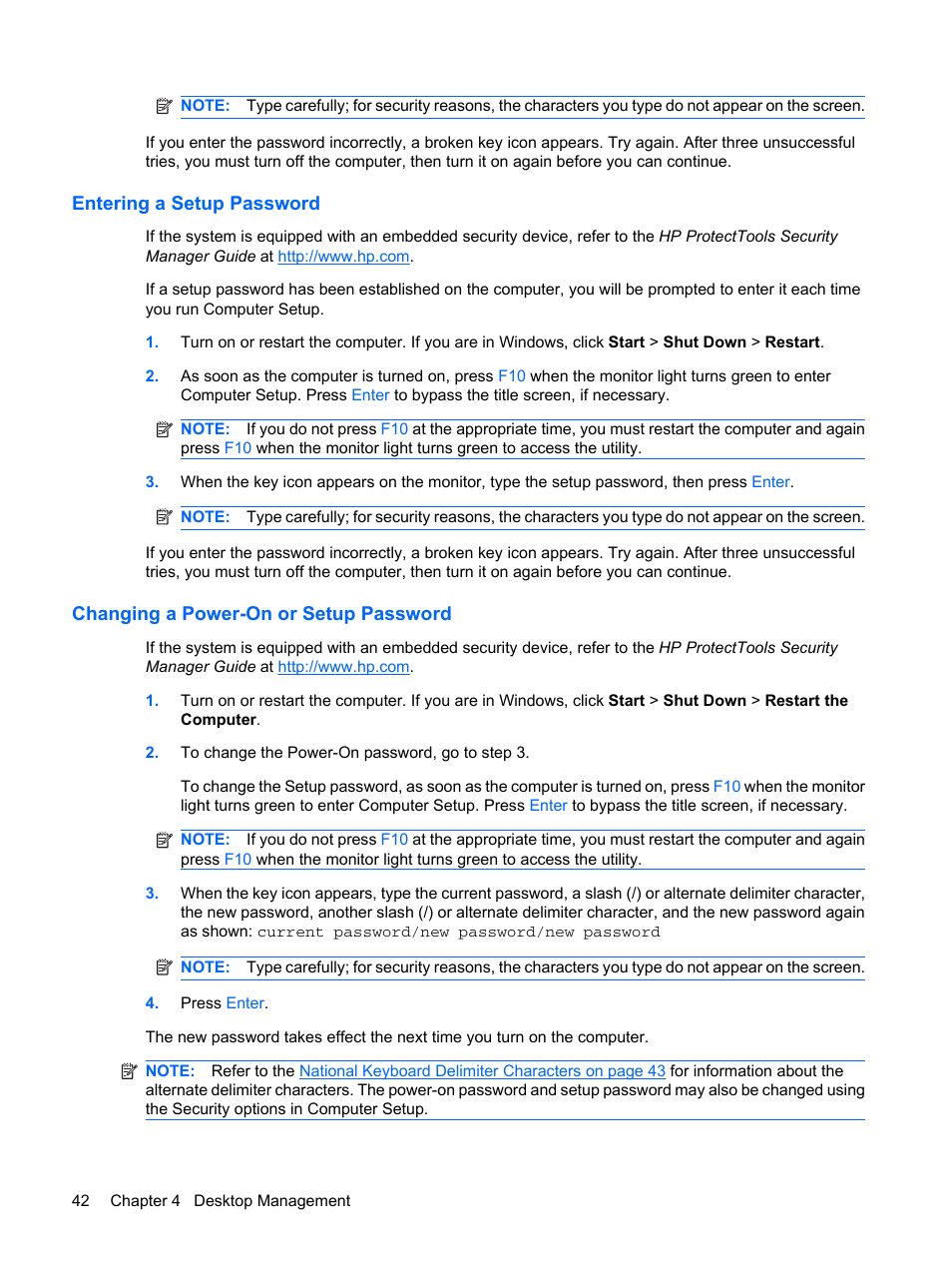 Entering a setup password, Changing a power-on or setup password | HP DC7800 User Manual | Page 54 / 276