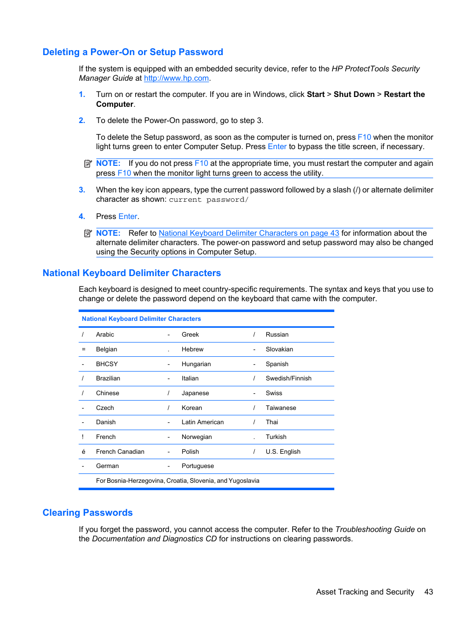 Deleting a power-on or setup password, National keyboard delimiter characters, Clearing passwords | HP DC7800 User Manual | Page 55 / 276