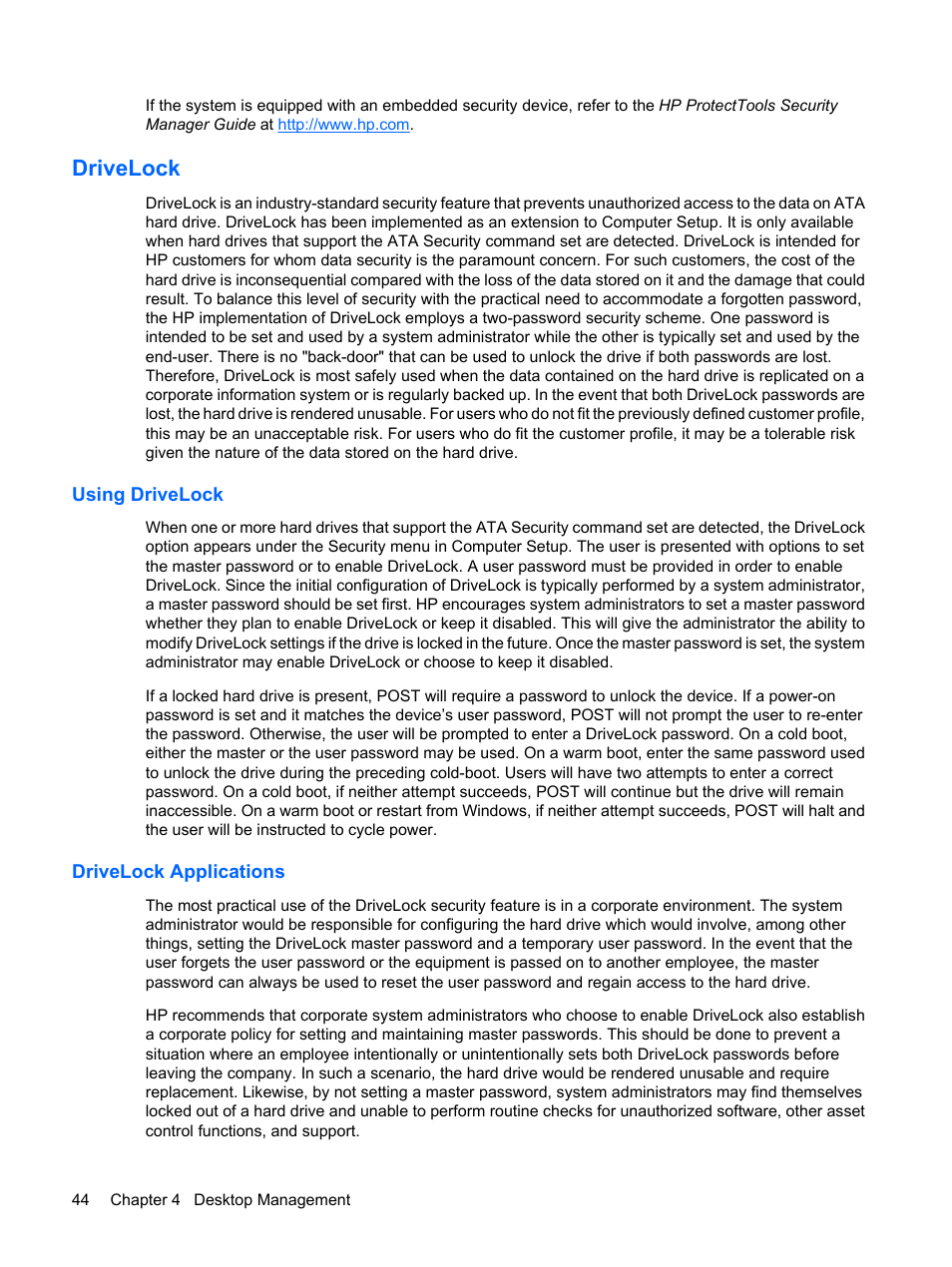 Drivelock, Using drivelock, Drivelock applications | Using drivelock drivelock applications | HP DC7800 User Manual | Page 56 / 276
