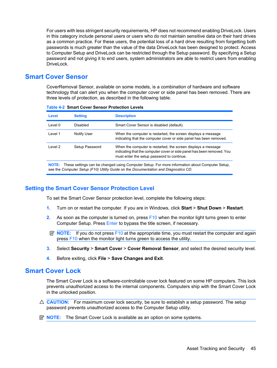 Smart cover sensor, Setting the smart cover sensor protection level, Smart cover lock | HP DC7800 User Manual | Page 57 / 276