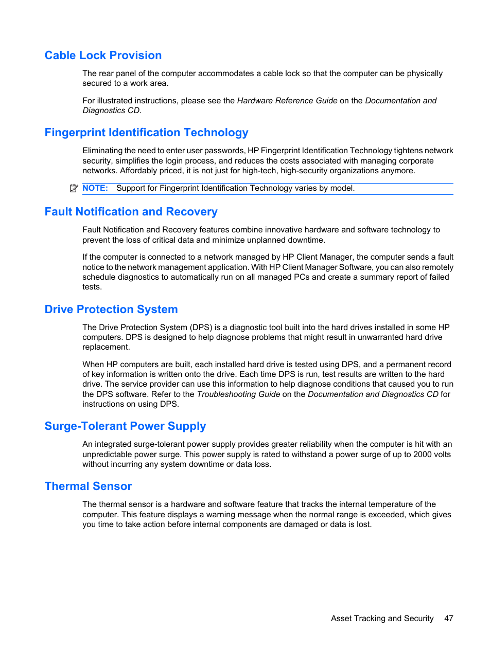 Cable lock provision, Fingerprint identification technology, Fault notification and recovery | Drive protection system, Surge-tolerant power supply, Thermal sensor | HP DC7800 User Manual | Page 59 / 276