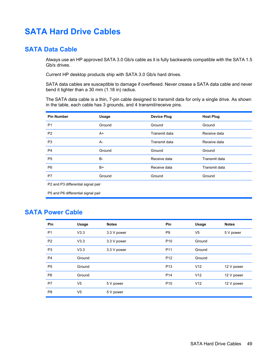 Sata hard drive cables, Sata data cable, Sata power cable | Sata data cable sata power cable | HP DC7800 User Manual | Page 61 / 276