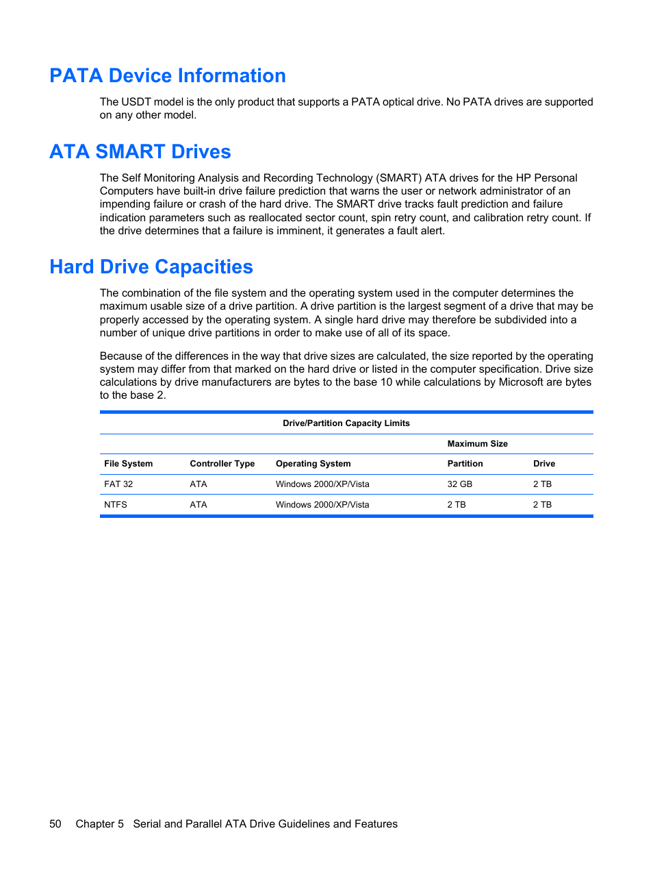 Pata device information, Ata smart drives, Hard drive capacities | HP DC7800 User Manual | Page 62 / 276