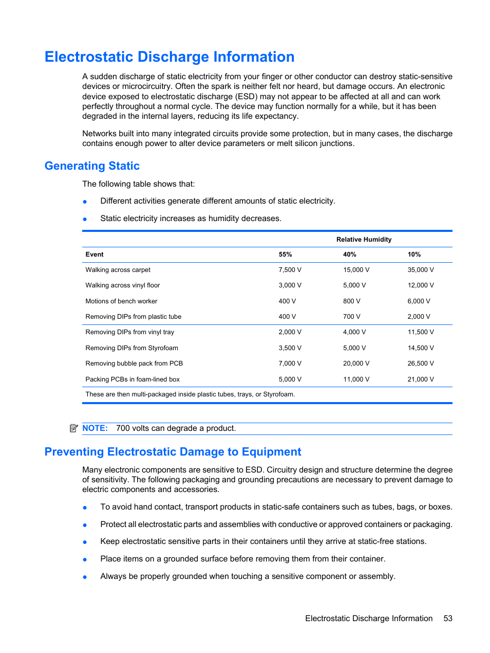 Electrostatic discharge information, Generating static, Preventing electrostatic damage to equipment | HP DC7800 User Manual | Page 65 / 276